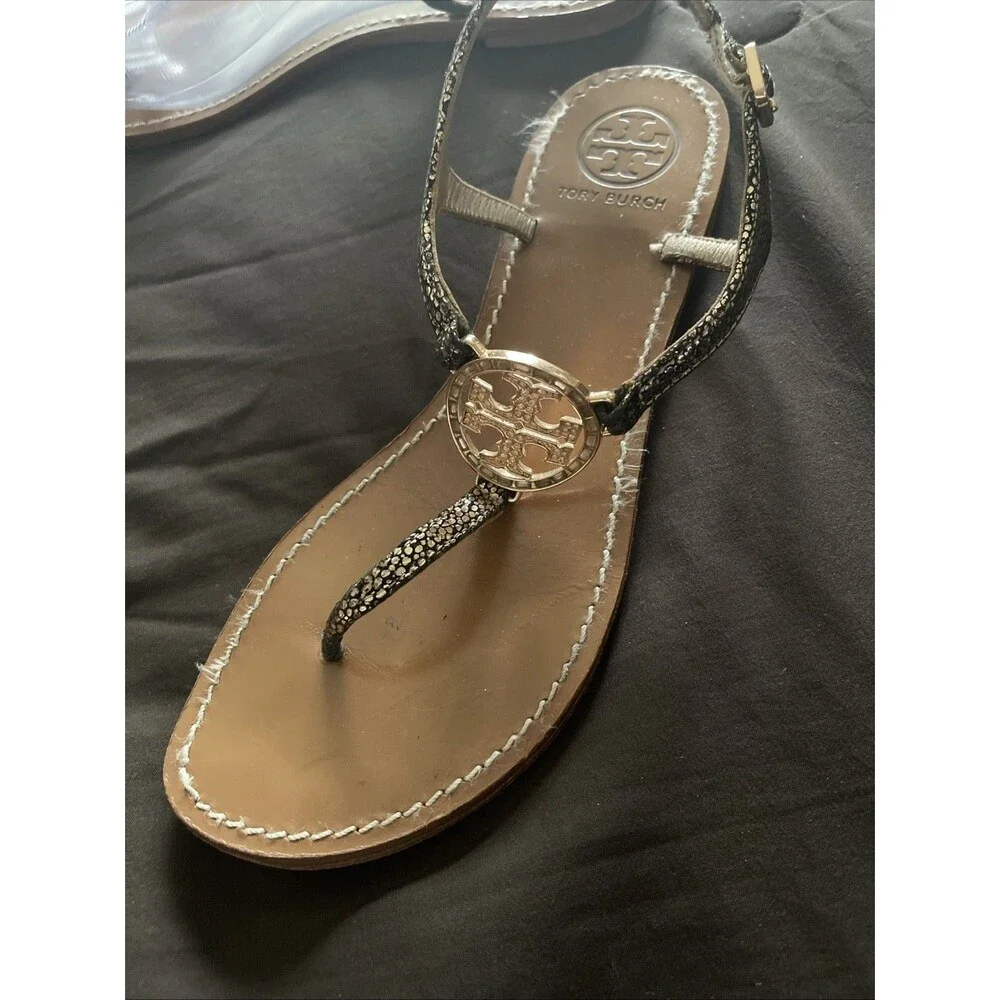 Tory Burch Sandal Women Size 8  T-Strap Thong Black /Gold Leather  Rhinestone